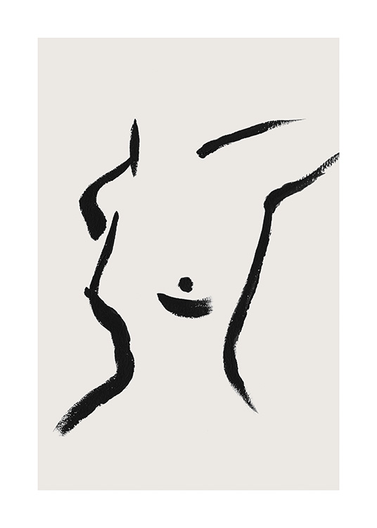 – Painting of a female upper body in black line art on a beige background