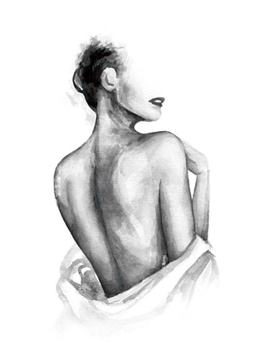  – Painting in watercolour of a naked woman's back with a shirt wrapped around her waist