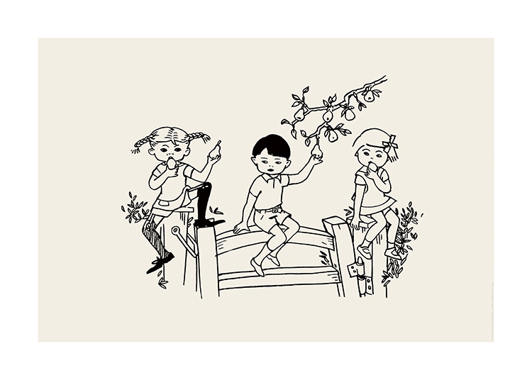  – Illustration of Pippi Longstocking, Tommy and Annica sitting on a fence with leaves