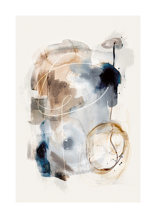  – Painting in watercolour with abstract brush strokes in beige and blue shades, on a light grey background