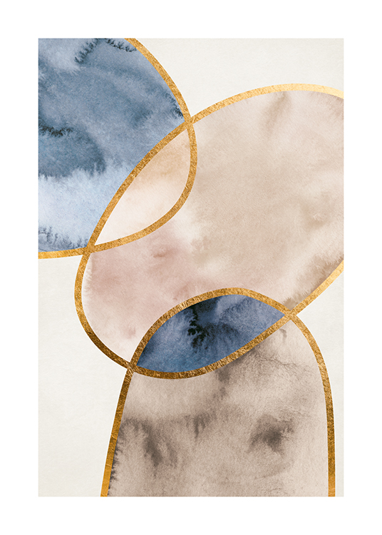  – Watercolour painting with abstract shapes in beige and blue, outlined in gold, on a light grey background