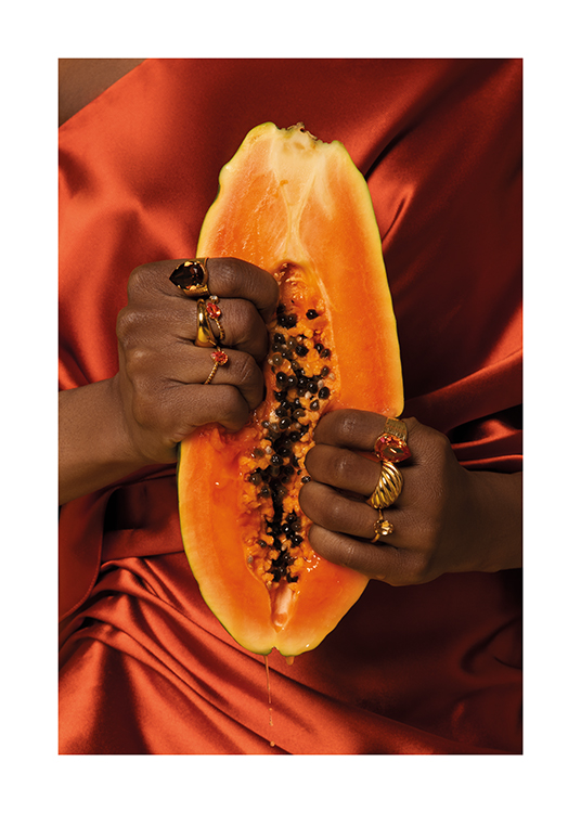 Squeezing Papaya Poster Golden Fruit Desenio Eu