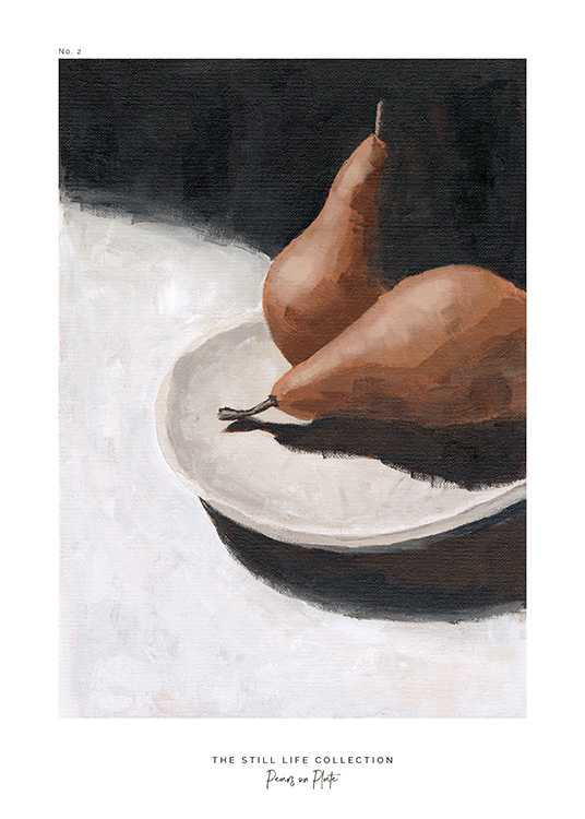  – A painting of brown pears laying on a grey plate against a light and dark grey background