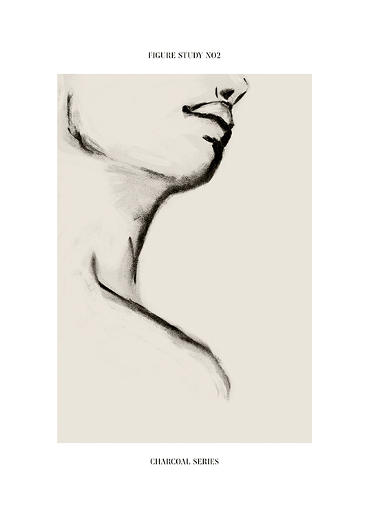  – Minimalistic charcoal sketch in grey, of a neck and lips ona beige background