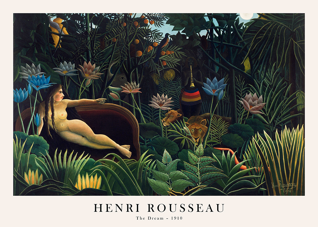 – A painting with a naked woman on a couch, surrounded by a tropical forest and animals