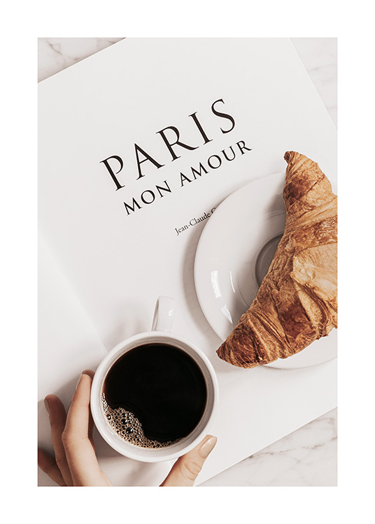 – Photography of a croissant and a coffee on a piece of paper 