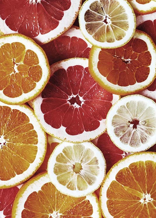  - Beautiful colourful kitchen poster with all types of citrus fruits cut into slices.