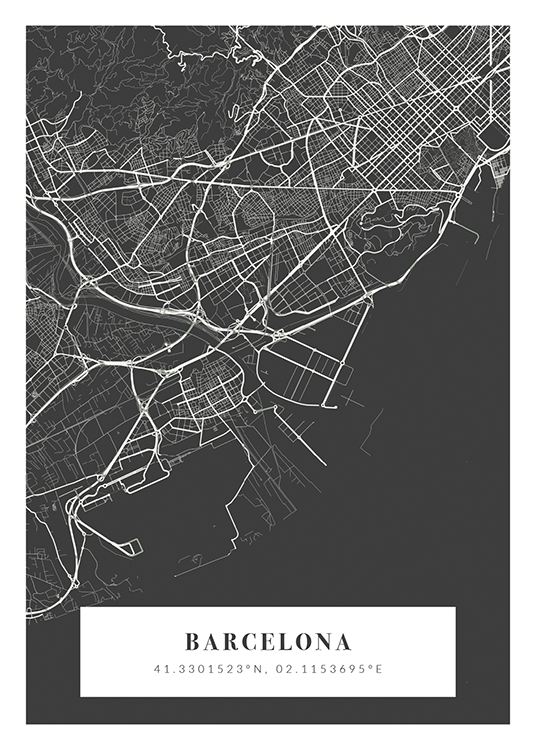  – Grey and white city map with city name and coordinates at the bottom