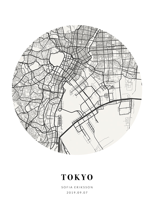  – Grey-scale circular city map with text at the bottom